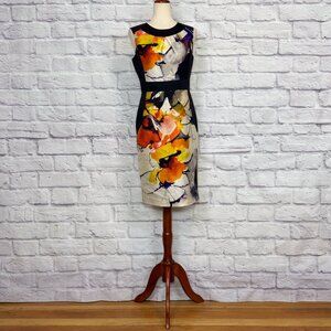 Pamella Roland Black Satin Floral Watercolor Print Sheath Dress